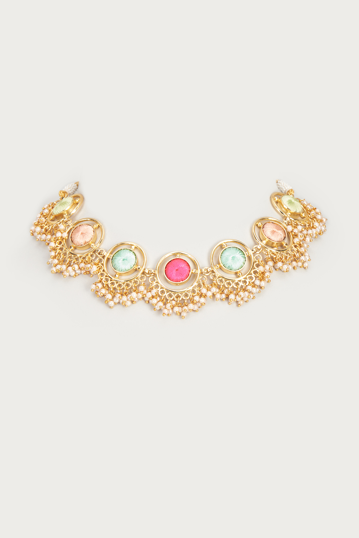 Gold Finish Embroidered Single Layered Circular Necklace by Bauble Bazaar at Pernia's Pop Up Shop