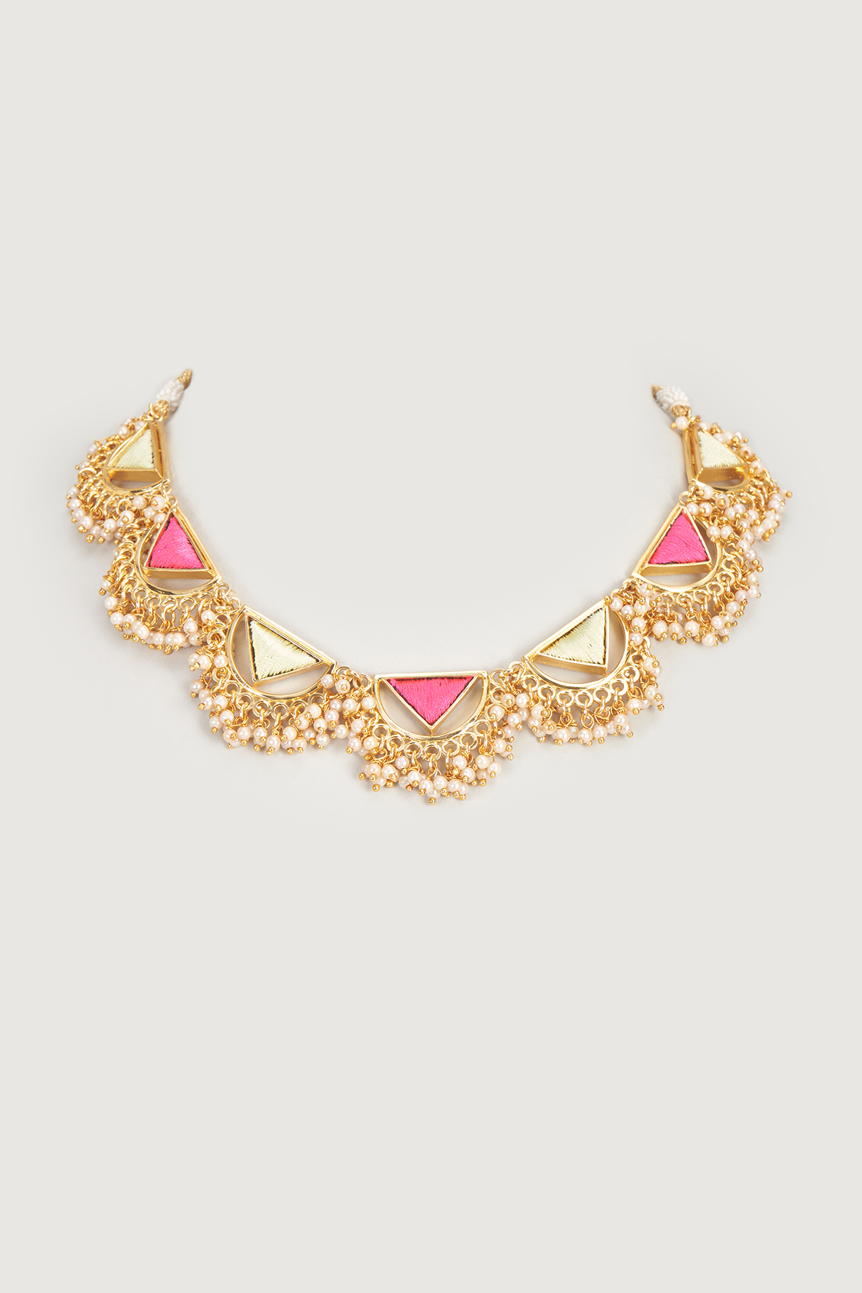 Gold Finish Embroidered Single Layered Triangle With Pipe Necklace by Bauble Bazaar at Pernia's Pop Up Shop