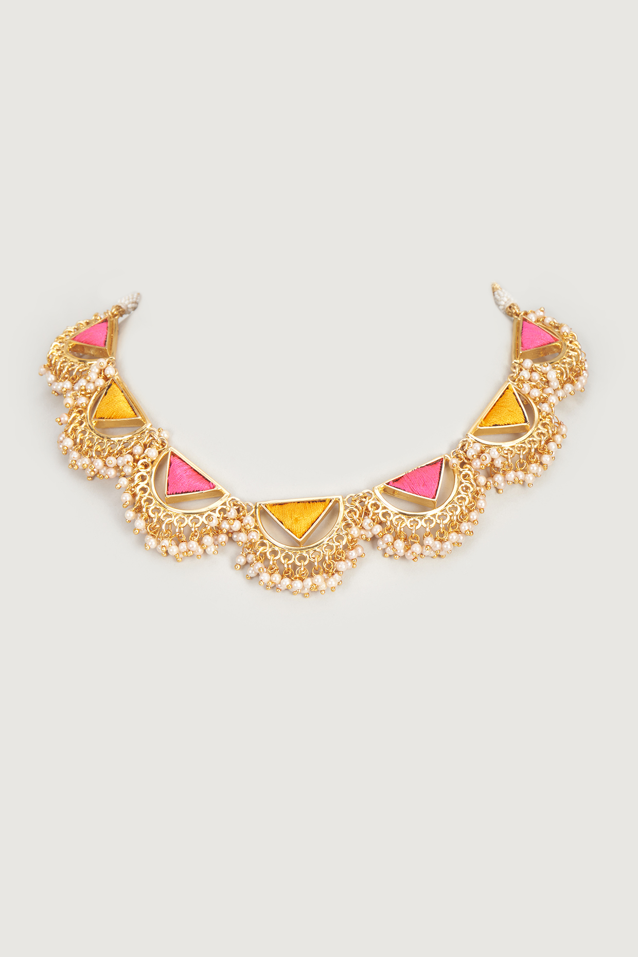 Gold Finish Embroidered Single Layered Triangle With Pipe Necklace by Bauble Bazaar at Pernia's Pop Up Shop