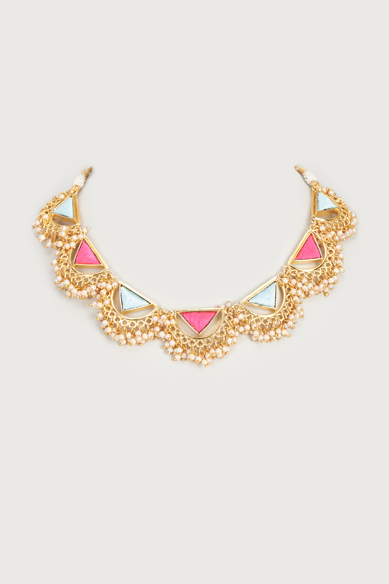 Gold Finish Embroidered Single Layered Triangle With Pipe Necklace by Bauble Bazaar at Pernia's Pop Up Shop
