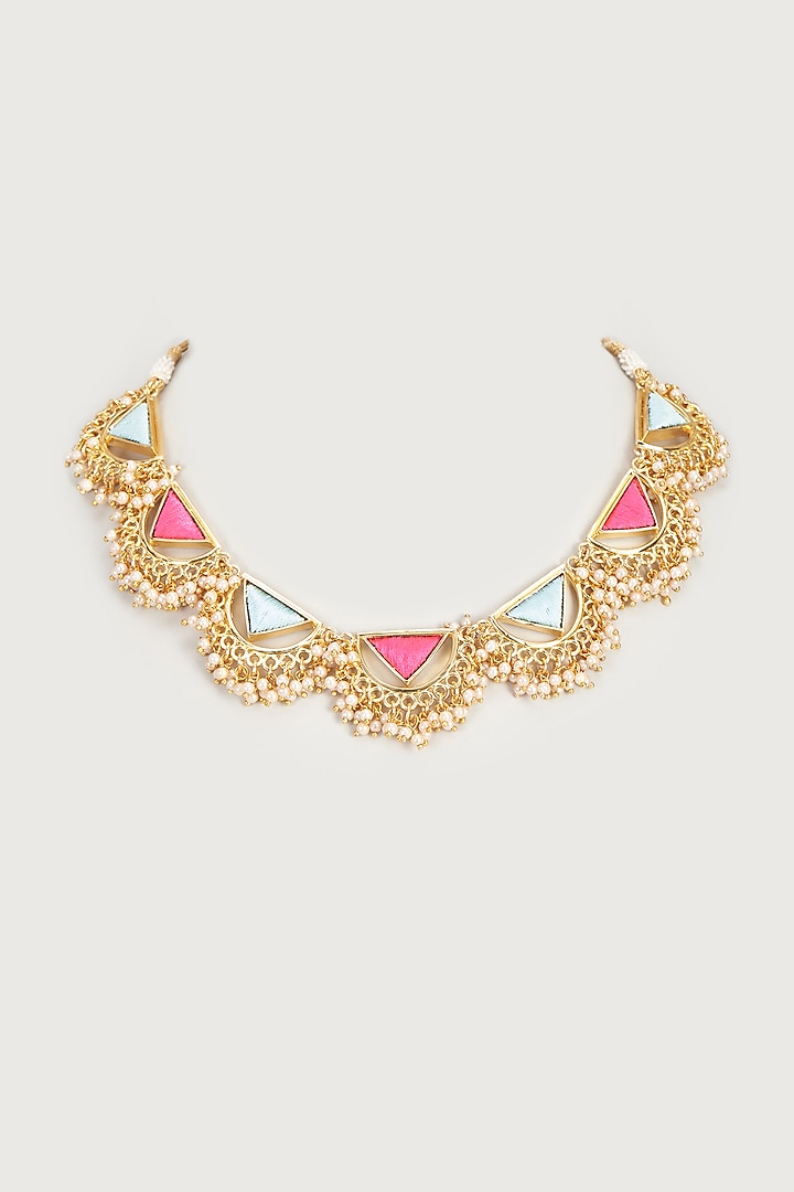 Gold Finish Embroidered Single Layered Triangle With Pipe Necklace by Bauble Bazaar at Pernia's Pop Up Shop