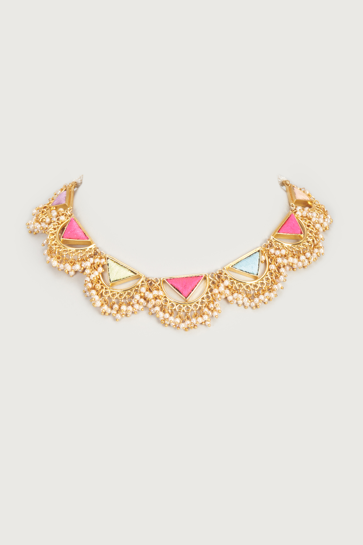 Gold Finish Embroidered Single Layered Triangle With Pipe Necklace by Bauble Bazaar at Pernia's Pop Up Shop