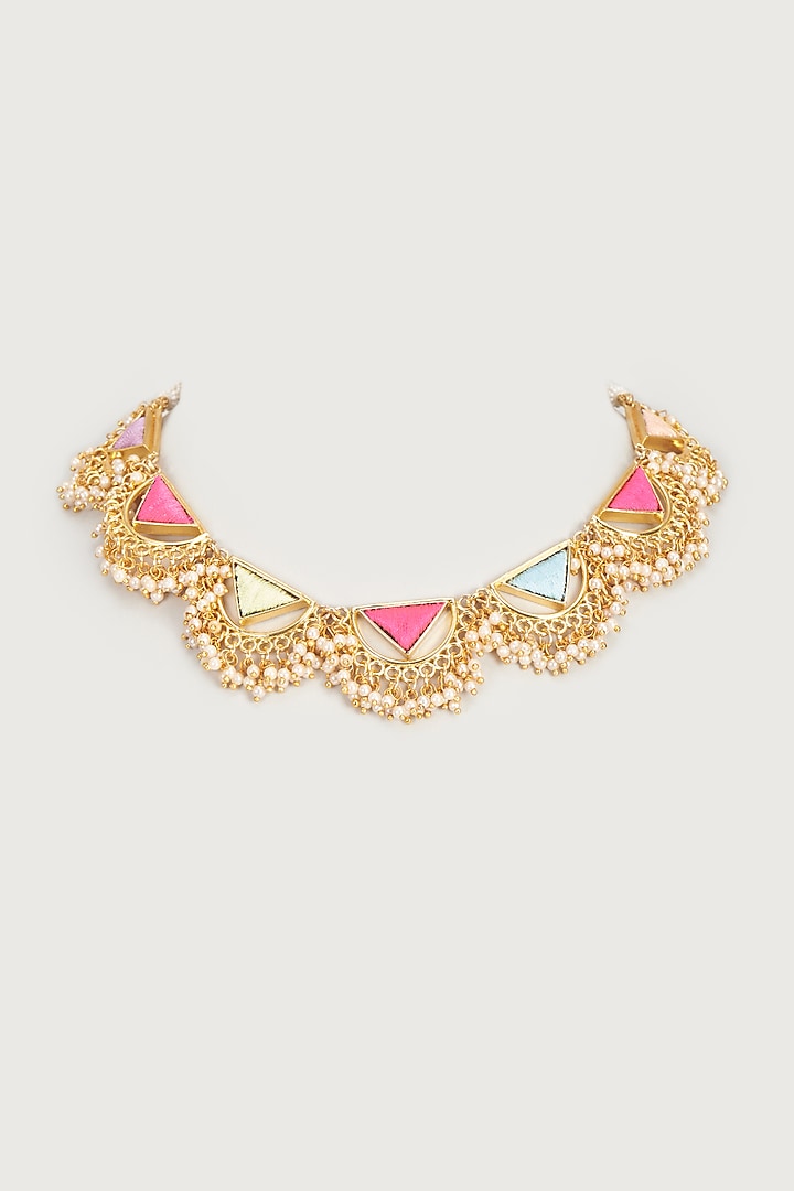 Gold Finish Embroidered Single Layered Triangle With Pipe Necklace by Bauble Bazaar at Pernia's Pop Up Shop