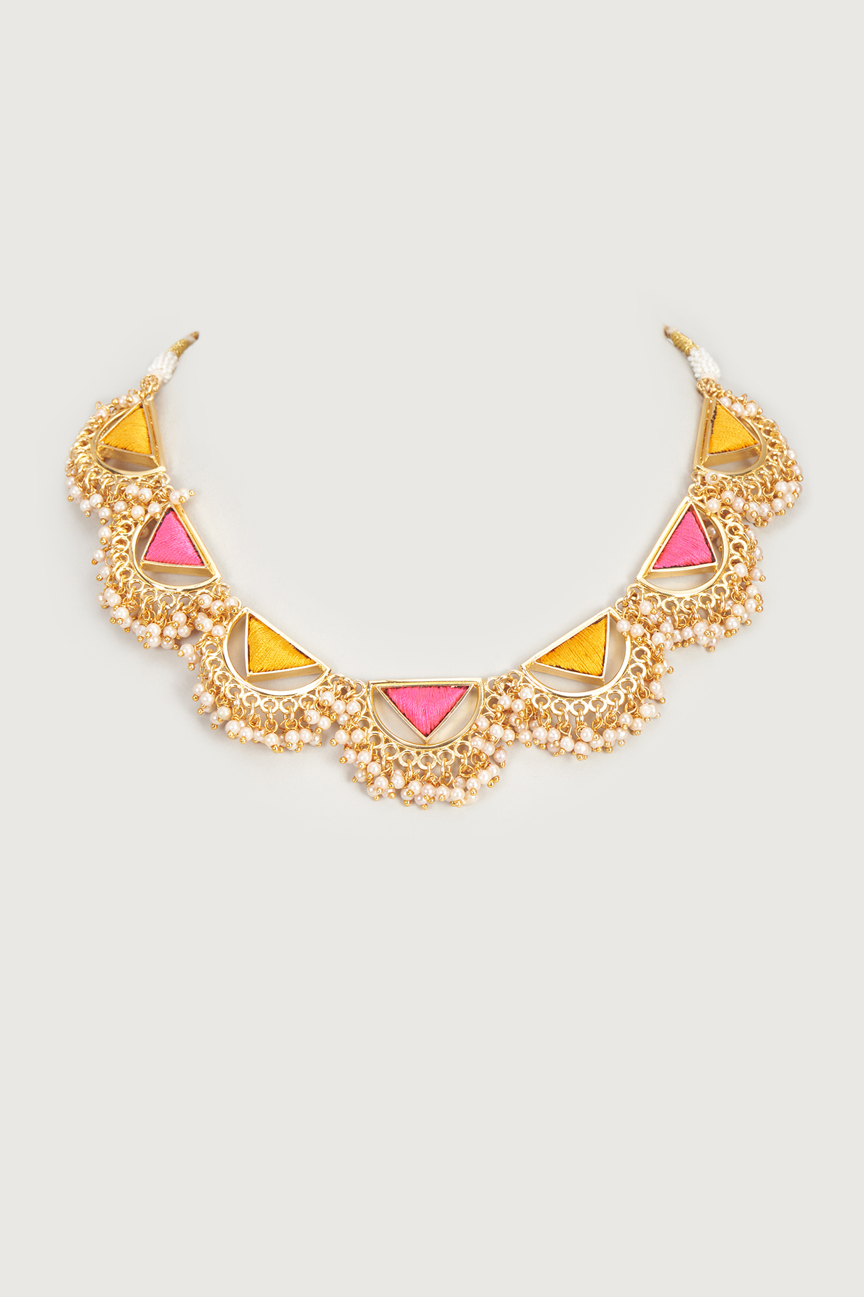 Gold Finish Embroidered Single Layered Triangle With Pipe Necklace by Bauble Bazaar at Pernia's Pop Up Shop
