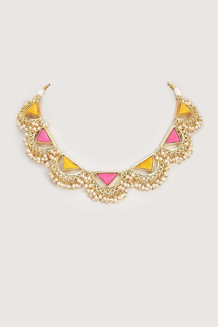Gold Finish Embroidered Single Layered Triangle With Pipe Necklace by Bauble Bazaar at Pernia's Pop Up Shop