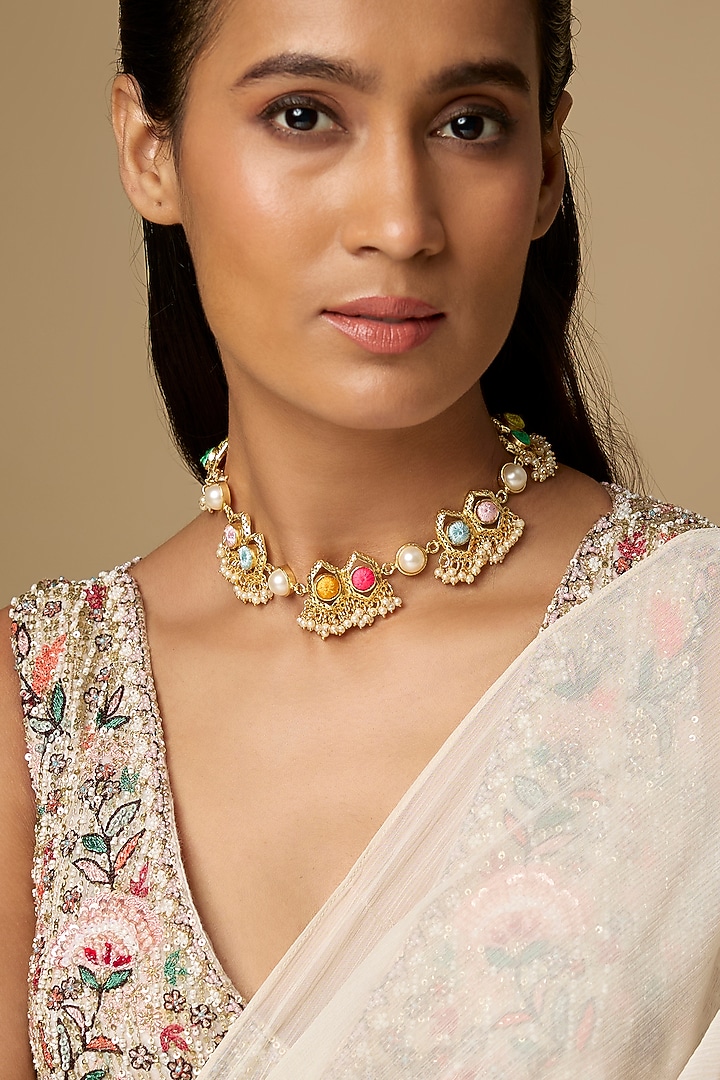 Gold Plated Hand Painted Enameled Choker Necklace by Bauble Bazaar at Pernia's Pop Up Shop