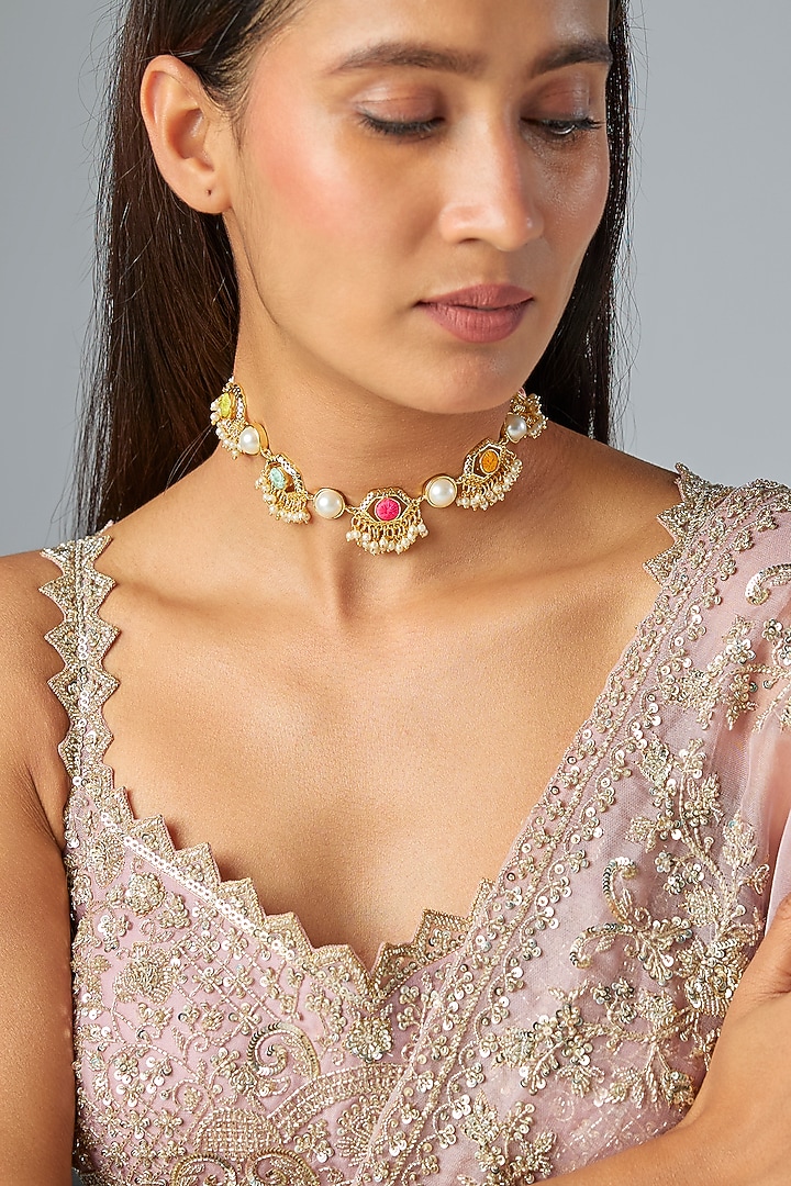 Gold Plated Multi-Colored Enameled Choker Necklace by Bauble Bazaar at Pernia's Pop Up Shop
