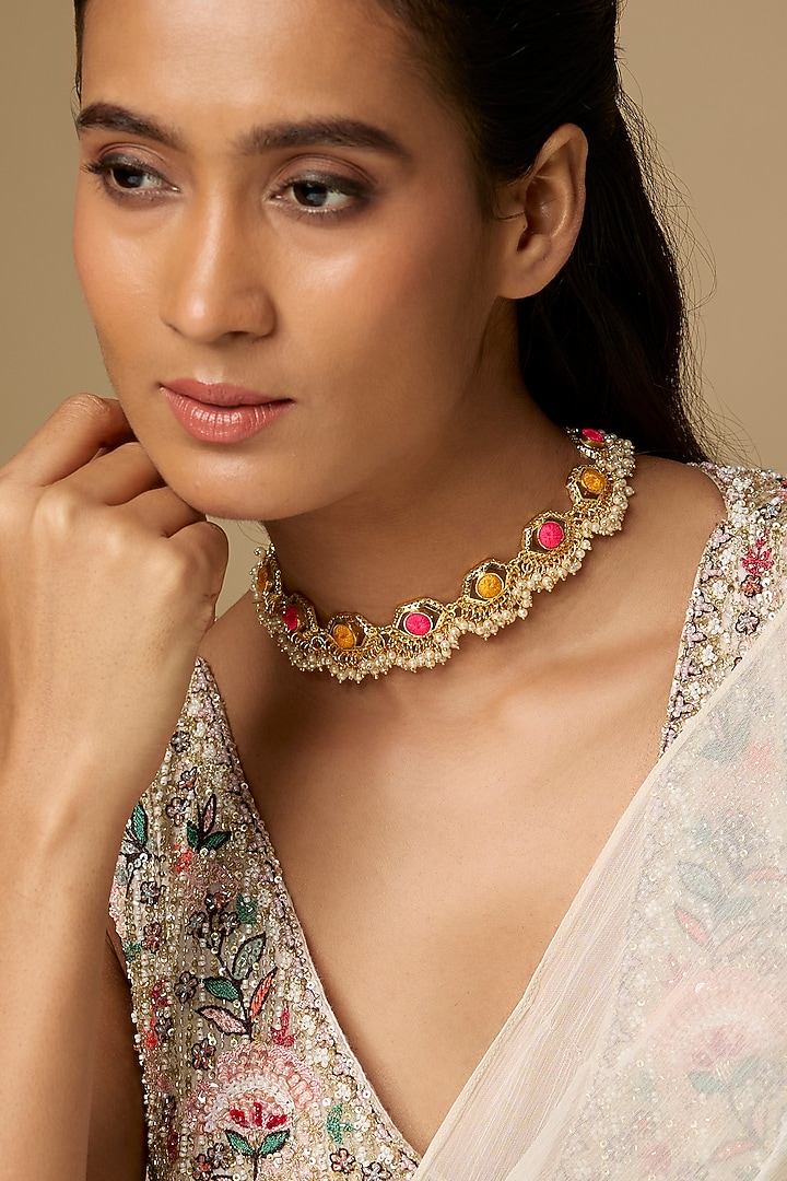 Gold Plated Enameled Choker Necklace by Bauble Bazaar at Pernia's Pop Up Shop