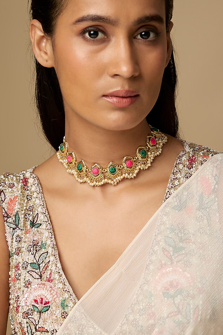 Gold Plated Pastel Enameled Choker Necklace by Bauble Bazaar at Pernia's Pop Up Shop