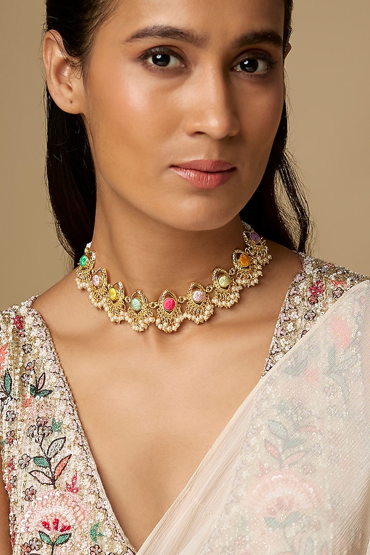 Gold Plated Multi-Colored Enameled Choker Necklace by Bauble Bazaar at Pernia's Pop Up Shop
