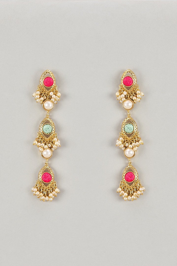Gold Plated Mint Green & Ivory Enameled Dangler Earrings by Bauble Bazaar at Pernia's Pop Up Shop