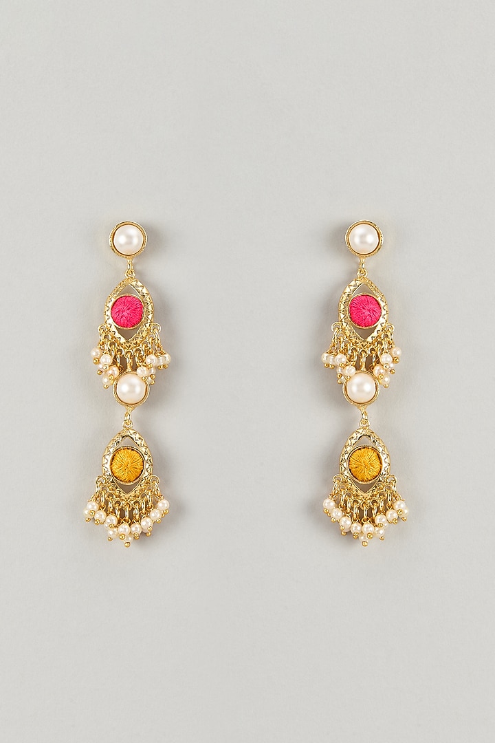 Gold Plated Multi-Colored Enameled & Pearl Dangler Earrings by Bauble Bazaar at Pernia's Pop Up Shop