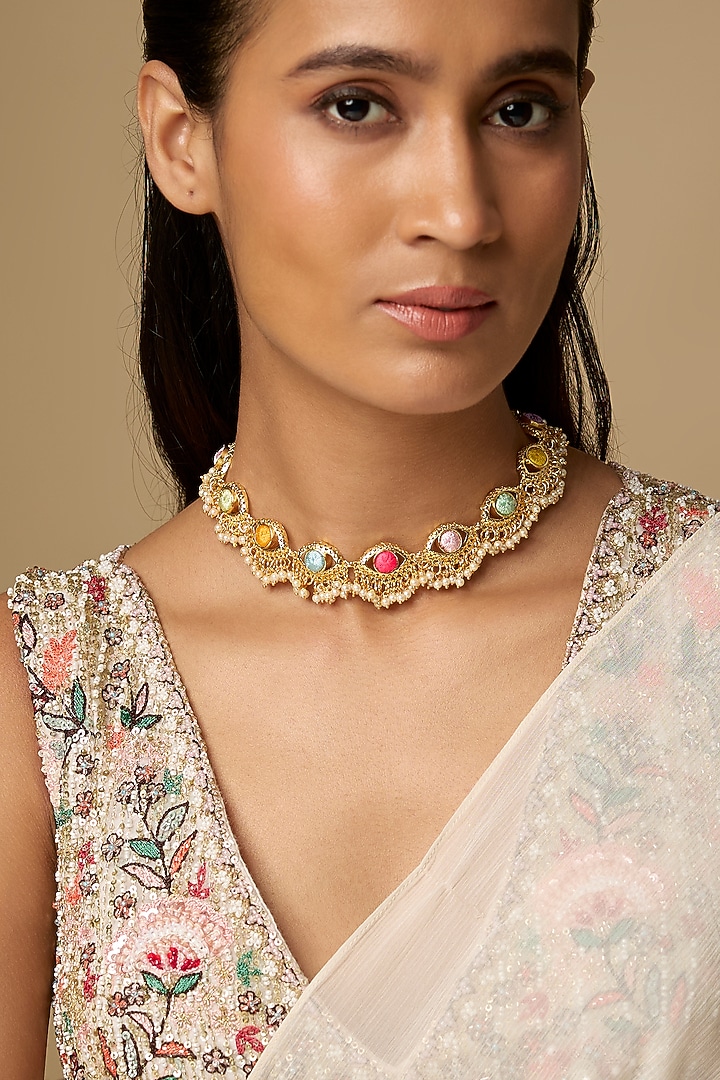 Gold Plated Multi-Colored Enameled & Pearl Choker Necklace by Bauble Bazaar at Pernia's Pop Up Shop
