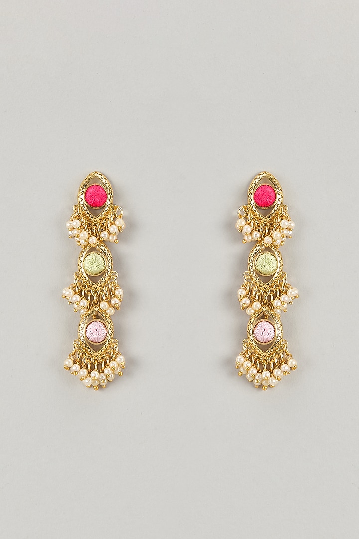 Gold Plated Multi-Colored Enameled & Pearl Dangler Earrings by Bauble Bazaar at Pernia's Pop Up Shop