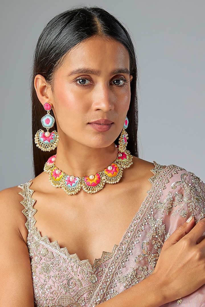 Gold Plated Multi-Colored Enameled Necklace Set by Bauble Bazaar at Pernia's Pop Up Shop