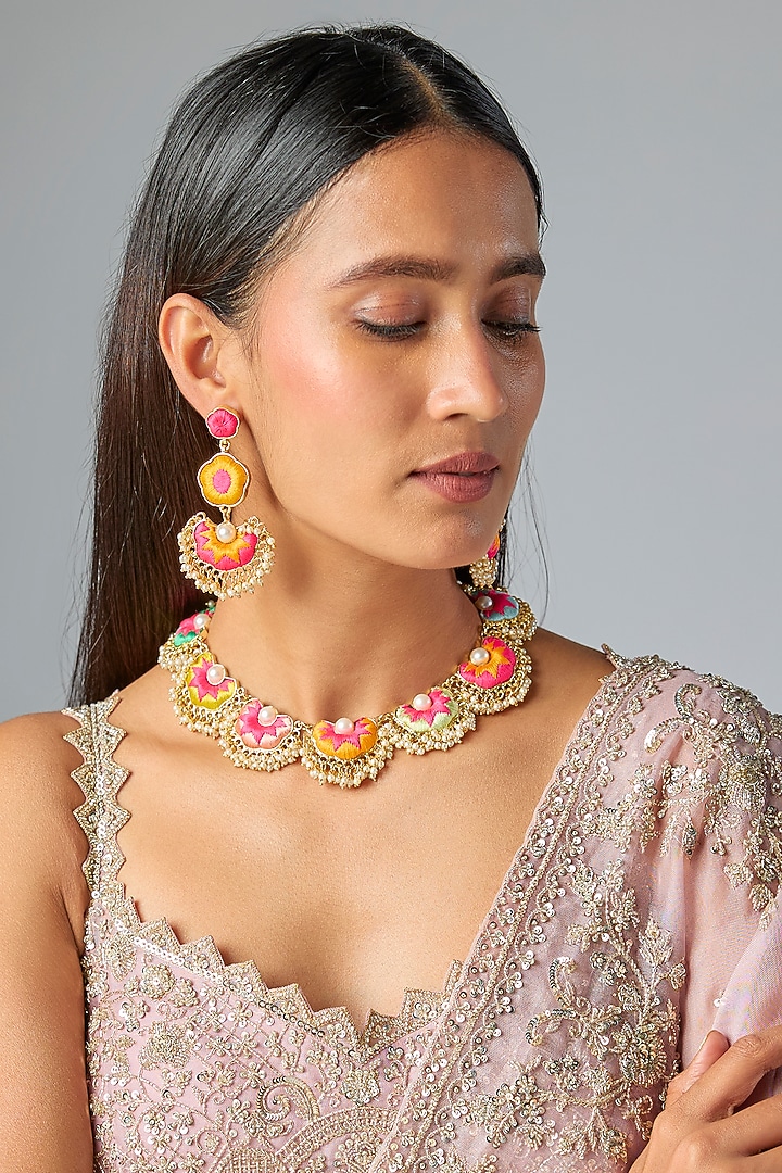 Gold Plated Multi-Colored Enameled Necklace Set by Bauble Bazaar at Pernia's Pop Up Shop