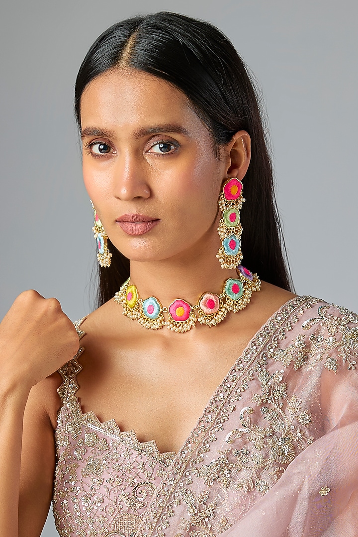 Gold Plated Multi-Colored Enameled Necklace Set by Bauble Bazaar at Pernia's Pop Up Shop