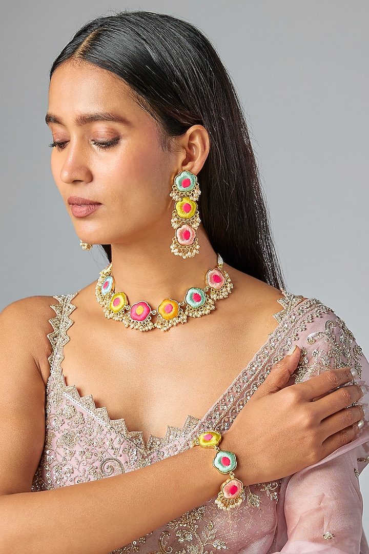 Gold Plated Multi-Colored Enameled Necklace Set by Bauble Bazaar at Pernia's Pop Up Shop