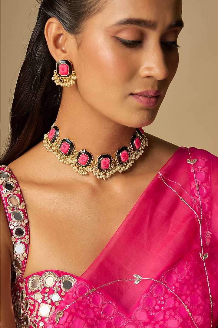 Gold Finish Multi-Colored Stone Necklace Set by Bauble Bazaar at Pernia's Pop Up Shop