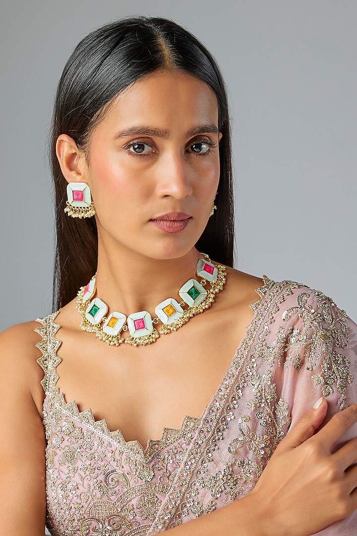 Gold Plated Multi-Colored Enameled Necklace Set by Bauble Bazaar at Pernia's Pop Up Shop