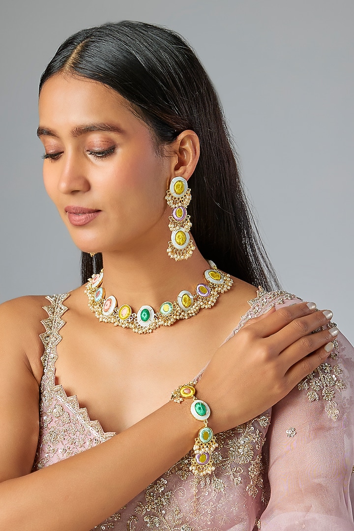 Gold Plated Multi-Colored Enameled Necklace Set by Bauble Bazaar at Pernia's Pop Up Shop