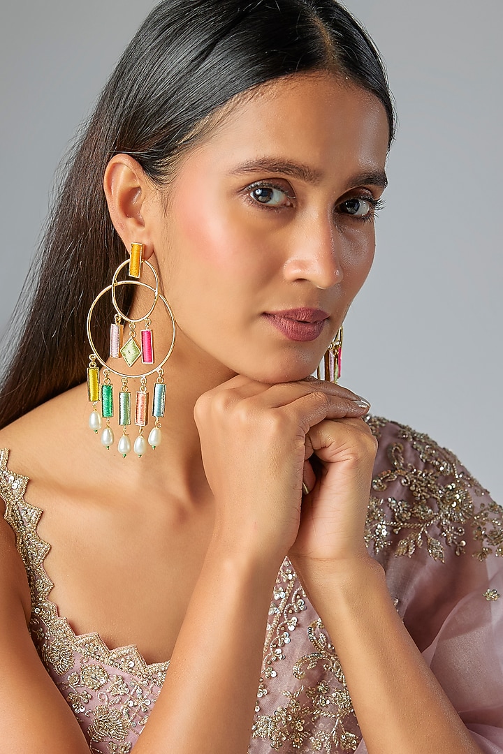 Gold Plated Multi-Colored Enameled Chandbali Earrings by Bauble Bazaar at Pernia's Pop Up Shop