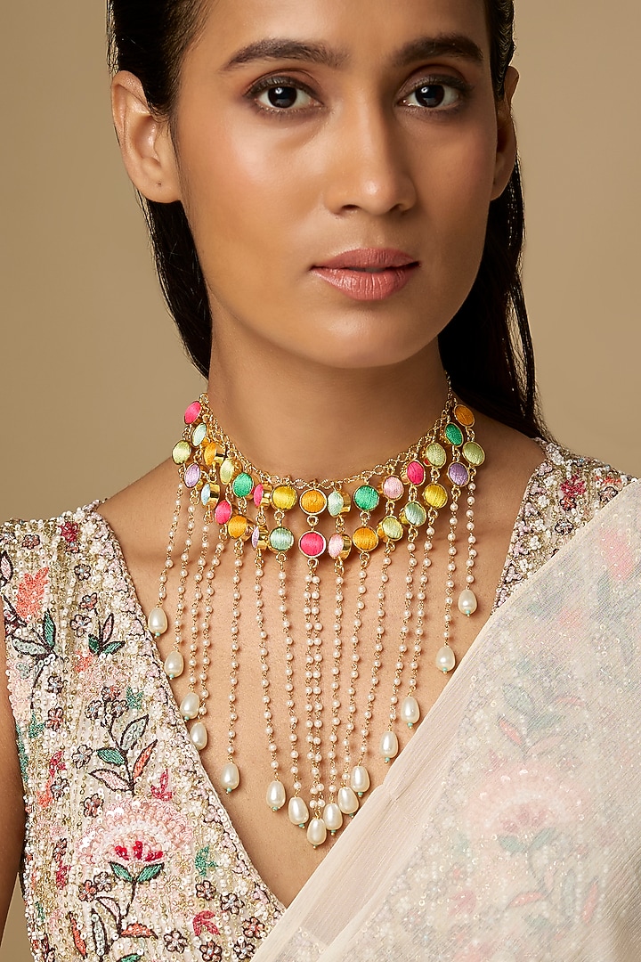 Gold Plated Multi-Colored Enameled Viel Necklace by Bauble Bazaar at Pernia's Pop Up Shop