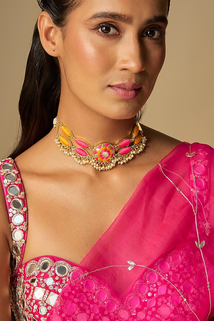 Gold Finish Multi-Colored Enameled Necklace by Bauble Bazaar at Pernia's Pop Up Shop