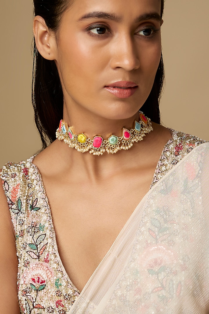 Gold Plated Multi-Colored Enameled Choker Necklace by Bauble Bazaar at Pernia's Pop Up Shop
