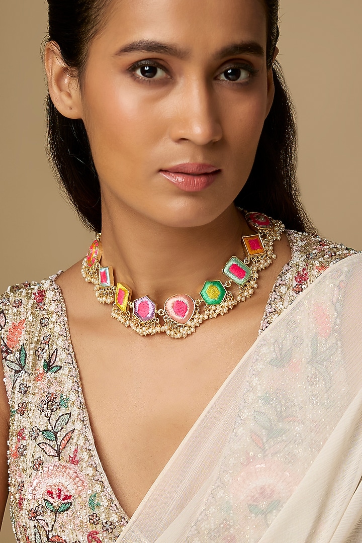 Gold Plated Multi-Colored Enameled Choker Necklace by Bauble Bazaar at Pernia's Pop Up Shop