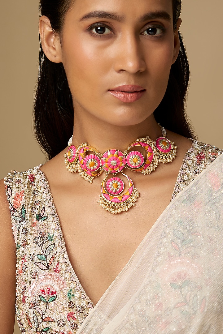 Gold Plated Saffron & Pink Enameled Choker Necklace by Bauble Bazaar at Pernia's Pop Up Shop