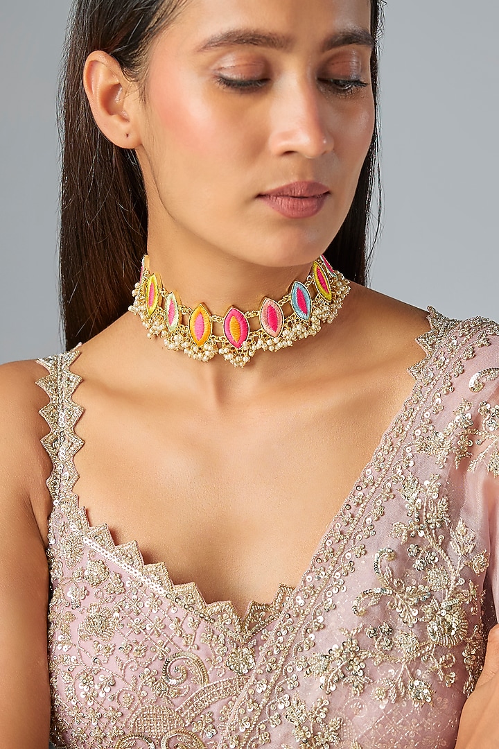 Gold Plated Multi-Colored Enameled Choker Necklace by Bauble Bazaar at Pernia's Pop Up Shop