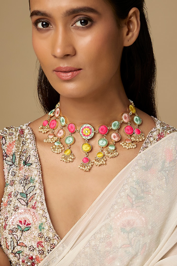 Gold Plated Multi-Colored Floral Enameled Cascade Necklace by Bauble Bazaar at Pernia's Pop Up Shop
