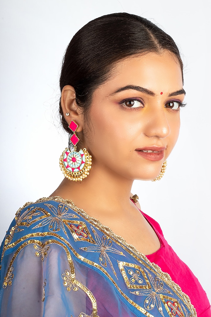 Gold Plated Thread Hand Embroidered & Pearl Chandbali Earrings by Bauble Bazaar at Pernia's Pop Up Shop