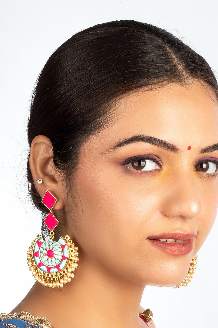 Gold Plated Thread Hand Embroidered & Pearl Chandbali Earrings by Bauble Bazaar at Pernia's Pop Up Shop
