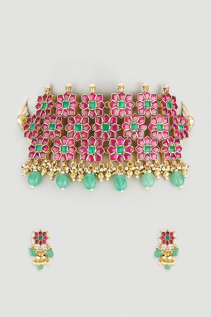 Gold Plated Green & Pink Jadtar Necklace Set by Bauble Bazaar