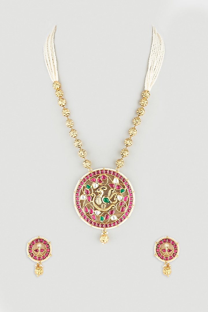 Gold Plated Long Pendant Necklace Set by Bauble Bazaar