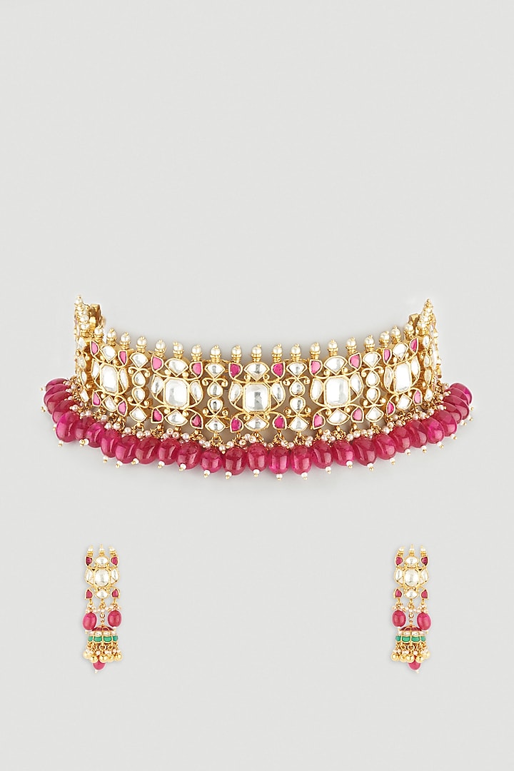 Gold Plated Kundan Polki Necklace Set by Bauble Bazaar