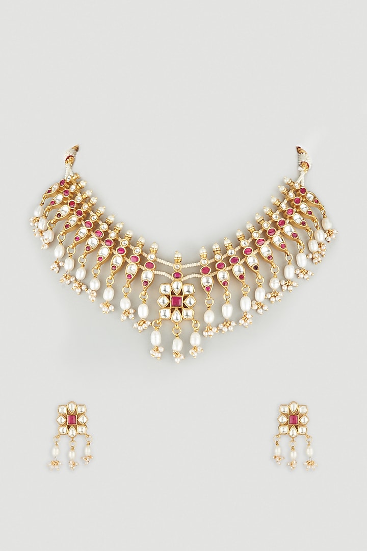 Gold Plated Kundan Polki & Pearl Necklace Set by Bauble Bazaar