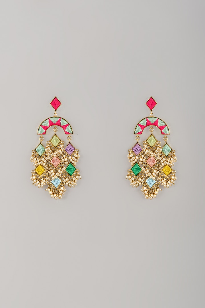 Matte Gold Finish Embroidered Semi-Circular Dangler Earrings by Bauble Bazaar at Pernia's Pop Up Shop