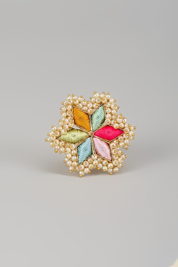 Matte Gold Finish Pearl & Multi-Colored Embroidered Ring by Bauble Bazaar at Pernia's Pop Up Shop