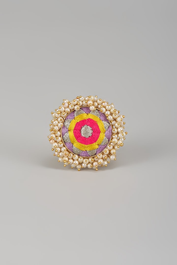 Matte Gold Finish Multi-Colored Thread Embroidered Ring by Bauble Bazaar at Pernia's Pop Up Shop