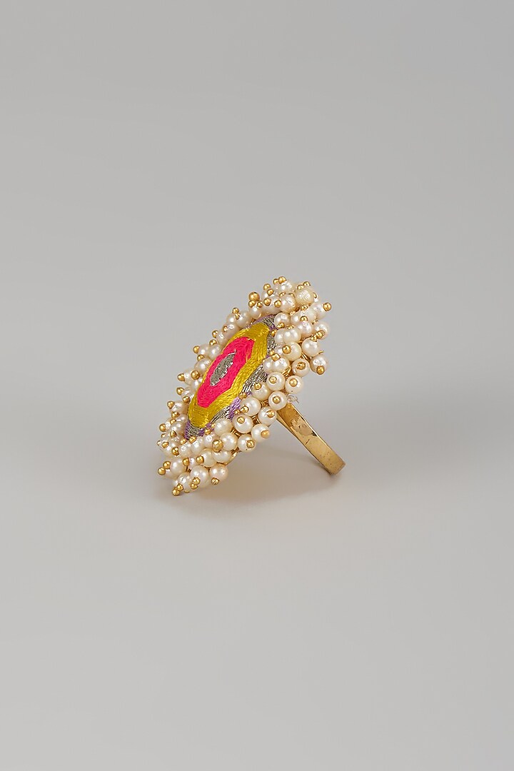 Matte Gold Finish Multi-Colored Thread Embroidered Ring by Bauble Bazaar at Pernia's Pop Up Shop