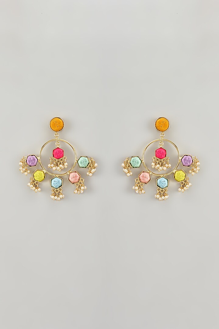 Gold Finish Thread Embroidered Chandbali Earrings by Bauble Bazaar at Pernia's Pop Up Shop