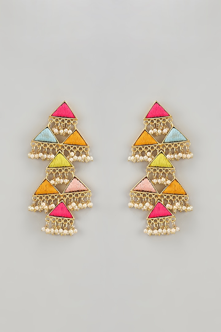 Gold Finish Thread Embroidered & Pearl Dangler Earrings by Bauble Bazaar at Pernia's Pop Up Shop