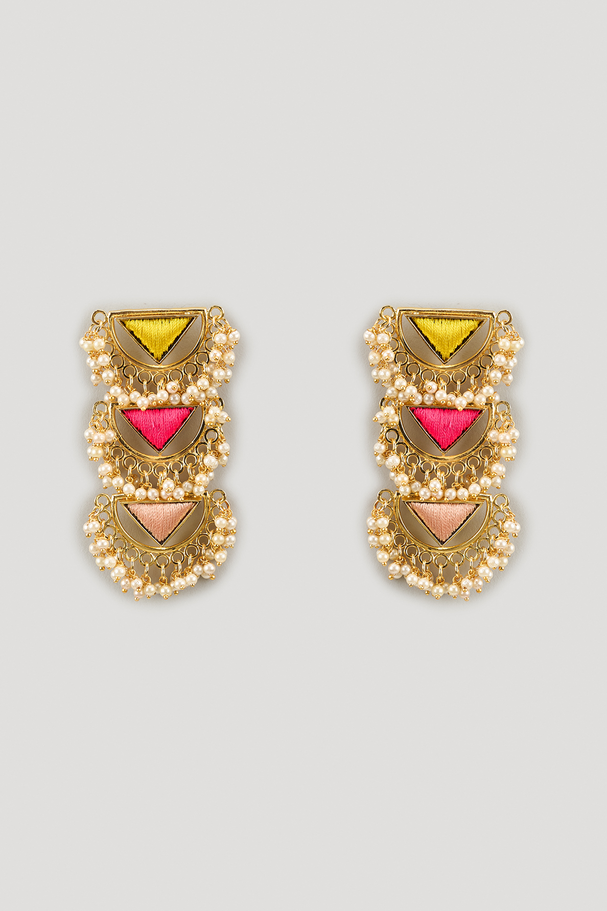 Gold Finish Silk Thread Embroidered & Pearl Layered Triangle Dangler Earrings by Bauble Bazaar at Pernia's Pop Up Shop