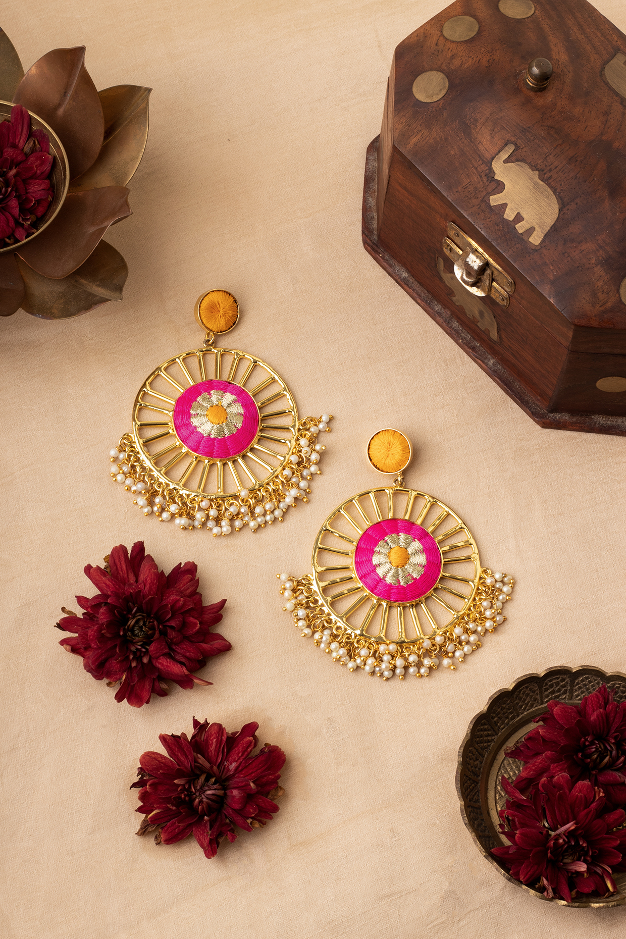 Matte Gold Finish Zari Embroidered & Pearl Circular Dangler Earrings by Bauble Bazaar at Pernia's Pop Up Shop