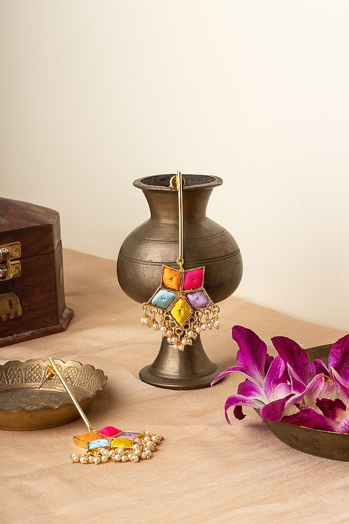 Matte Gold Finish Multi-Colored Embroidered & Pearl Dangler Earrings by Bauble Bazaar at Pernia's Pop Up Shop