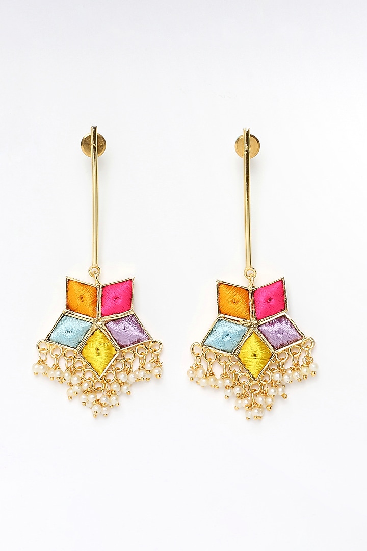 Matte Gold Finish Multi-Colored Embroidered & Pearl Dangler Earrings by Bauble Bazaar at Pernia's Pop Up Shop