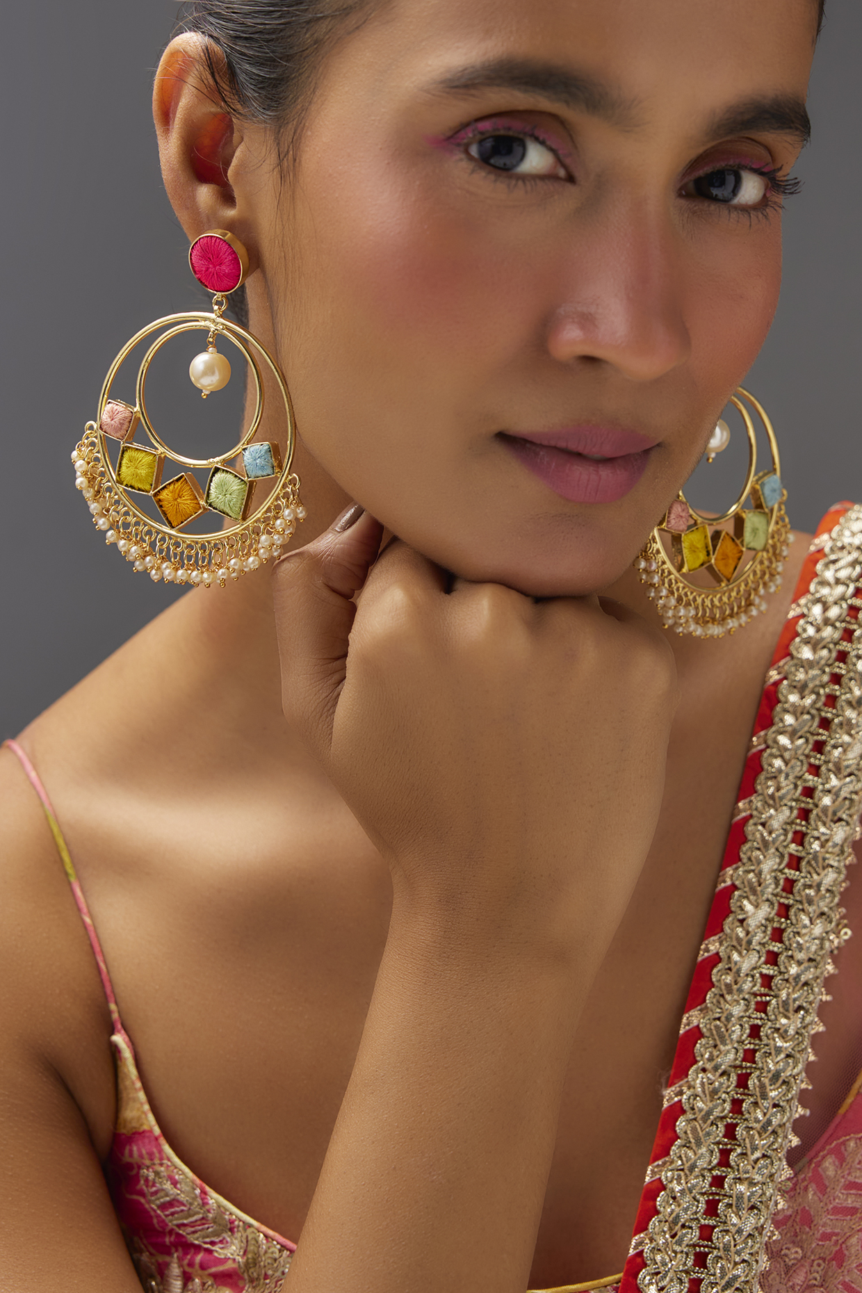 Matte Gold Finish Silk Thread Embroidered Chandbali Earrings by Bauble Bazaar at Pernia's Pop Up Shop